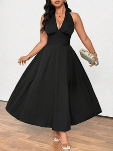 Abito Maxi Taglie Forti Donna Elegante Halter Scollo a V Senza Schienale Vita Alta Spacco Laterale Banchetto Festa