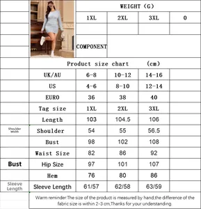 Detailed size chart for plus-size slim-fit dress with measurements in cm for sizes 1XL to 3XL