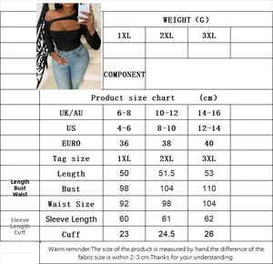 Detailed size chart for plus size off-shoulder long sleeve top with CM measurements