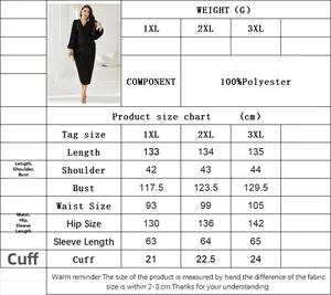 Size chart for women's plus size elegant V-neck dress detailing 1XL-3XL dimensions