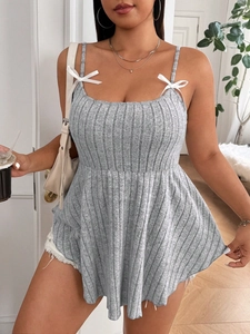 Sleeveless plus size grey ribbed knit camisole top with delicate white bow straps