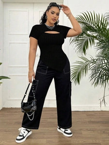 Slim fit black cutout top and white-stitched cargo pants outfit set for women