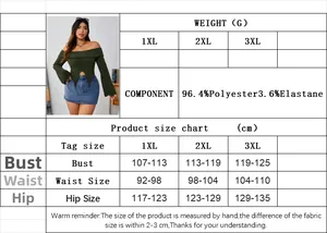 Size chart showing dimensions for off-the-shoulder long sleeve top in 1XL to 3XL