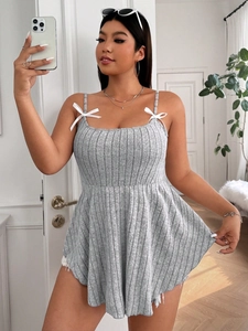 Plus size gray ribbed knit camisole top with white silk bows and slim fit design