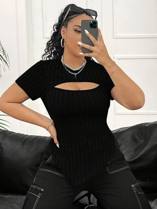 Slim fit black ribbed short sleeve top with cutout detail and pointed hem for women
