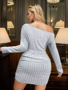 Slim fit light grey ribbed knit off-shoulder mini dress with elegant long sleeves