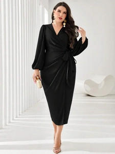 Elegant black V-neck wrap dress with lantern sleeves and a belted waist for women