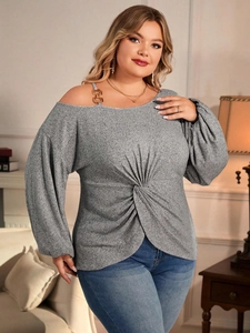 Plus Size Women Off Shoulder Ruched Twist Knot Long Sleeve T-Shirt Asymmetric Neck Metal Chain Strap Slim Fit Casual Top