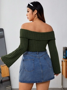 Women's off-shoulder ribbed knit top in dark green with ruffle trim and long sleeves