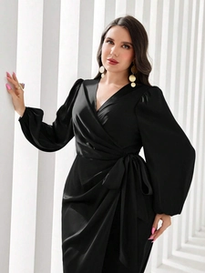 Elegant black satin wrap dress with deep V-neck and puff sleeves for a slim silhouette