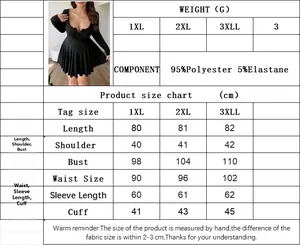 Detailed size chart for black long sleeve U-neck dress with polyester material info