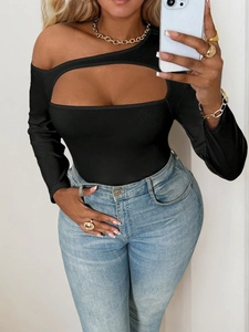 Black one shoulder long sleeve bodysuit with cutout design and slim fit for women