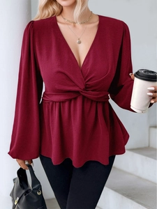 Blouse Grande Taille Femme Rouge Vin Col en V Avec Nœud Torsadé Taille Ourlet Peplum Manches Longues Élégant Mondaine Haut