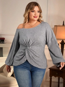 Sexy grey off-shoulder long sleeve top with gold chain strap and front knot detail