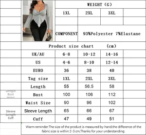 Detailed size chart for slim fit V-neck long sleeve T-shirt with measurements in cm