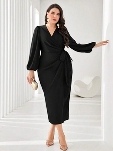 Plus Size Women Elegant Black Satin Wrap Midi Dress V-Neck Lantern Sleeve Slim Fit Belted Evening Party Cocktail Dress