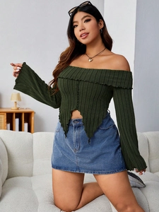 Women's off-shoulder ribbed knit long sleeve top with irregular hem in dark green color