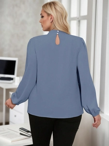 Elegant high-neck long sleeve blouse for women with cutout back and pearl button detail