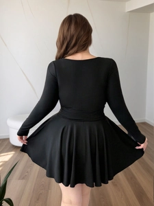 Elegant slim fit black long sleeve U-neck dress with cinched waist and pleated skirt