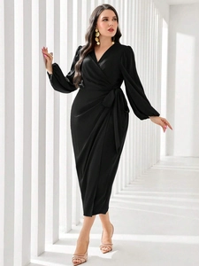 Elegant black V-neck wrap midi dress with long puff sleeves and belted waist for women