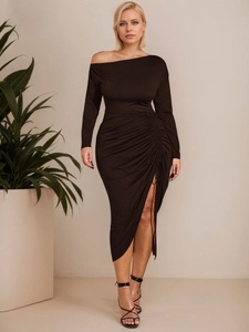 Elegant black long-sleeved ruched maxi dress with off-shoulder neckline and high side slit
