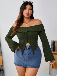 Plus Size Women Sexy Off Shoulder Ribbed Knit Top Ruffle Trim Irregular Hem Long Flare Sleeve Army Green Casual Slim T-Shirt
