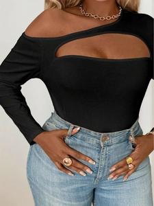 Sexy black off-shoulder long sleeve top with cutout design and slim fit style