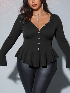 Women Plus Size Solid Black Peplum Top Sexy V Neck Long Sleeve Ribbed Blouse With Buttons Elegant Flared Sleeve Shirt