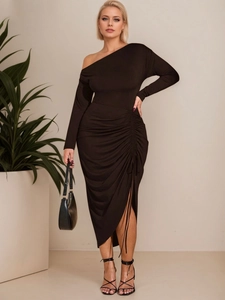 Elegant black one shoulder long sleeve ruched midi dress with side slit for evening wear
