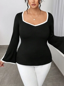 Women Plus Size Square Neck Contrast Trim Bell Sleeve Knit Top Elegant Black Long Sleeve Slim Fit T-Shirt Spring Autumn