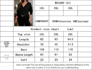 Size guide for black V-neck knit top detailing dimensions and fabric specifications