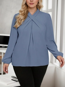 Elegant Morandi blue long sleeve pleated top with a criss-cross high neck for women