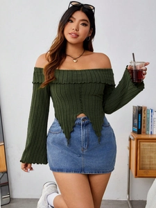 Olive green off-shoulder long sleeve top with irregular hem and ribbed texture