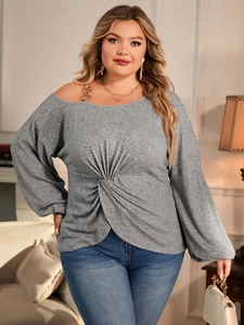 Slim fit off-shoulder long sleeve top in grey with metal chain and waist twist detail