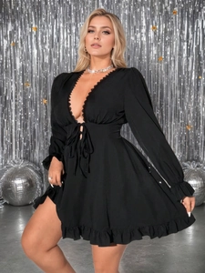 Plus Size Tiefer V-Ausschnitt Langarm Mini Kleid Schwarz Rüschen Spitze Schleife Hohe Taille Sexy Elegant Party Kleid Damen