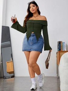 Off-shoulder long sleeve green knit top with irregular hem and denim skirt set