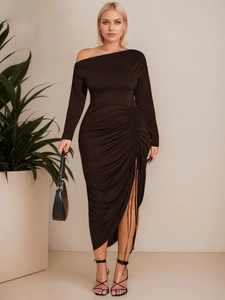 Elegant black off-shoulder long-sleeve dress with side ruching and a high slit detail