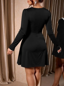 Elegant black long-sleeved A-line dress with slim waist design and back view display