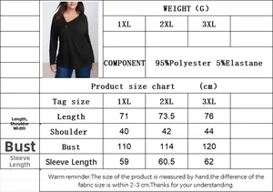 Detailed size chart for plus size V-neck long sleeve top with 1XL-3XL measurements