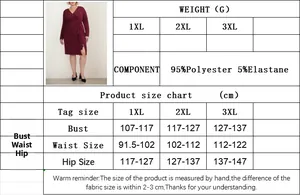 Size chart for plus size V-neck wrap dress showing bust, waist, and hip measurements in cm