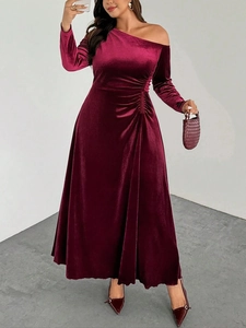 Abito da Donna Sexy Monospalla in Velluto a Maniche Lunghe Arricciato Maxi Abito Elegante Borgogna Tinta Unita da Sera