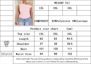 Detailed size chart for pink one-shoulder top showing dimensions in 1XL to 3XL