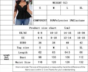 Size chart for black sleeveless peplum top with detailed body measurements and fabric info