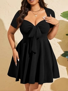 Damen Übergröße Elegantes Schwarzes Mini-Kleid Mit V-Ausschnitt Schleife Kurzarm A-Linie Kleid Lässig Sommer Partykleid