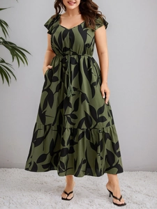 Plus Size Olive Green Leaf Print V Neck Flutter Sleeve Tiered Dress Drawstring Waist Tassel Bohemian Maxi Dress For Women