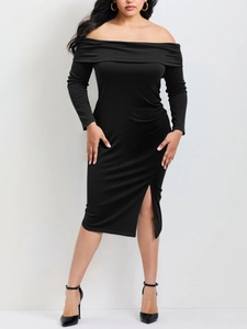 Robe Midi à Épaules Dénudées pour Femmes Grandes Tailles Manches Longues Coupe Ajustée en Maille Côtelée avec Fente Latérale