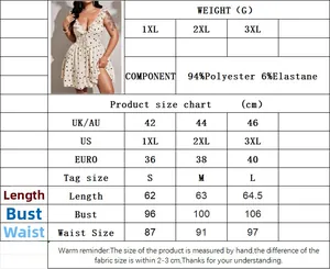 Detailed size chart and fabric specifications for the V-neck polka dot halter mini dress