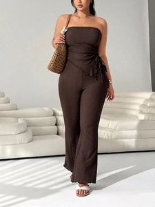 Vintage Damen Gerafft Schnürung Schlauch-Top Und Weites Bein Flare Hose Einfarbig Slim Fit Sommer Oberteil Und Unterteil