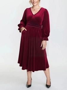 Robe Midi en Velours Bordeaux Col en V Profond Manches Longues Taille Haute Plissé Élégant Grande Taille Robe de Soirée Femme