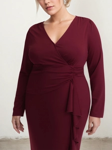 Plus size long sleeve V-neck wrap dress in wine red with elegant ruched waist detailing